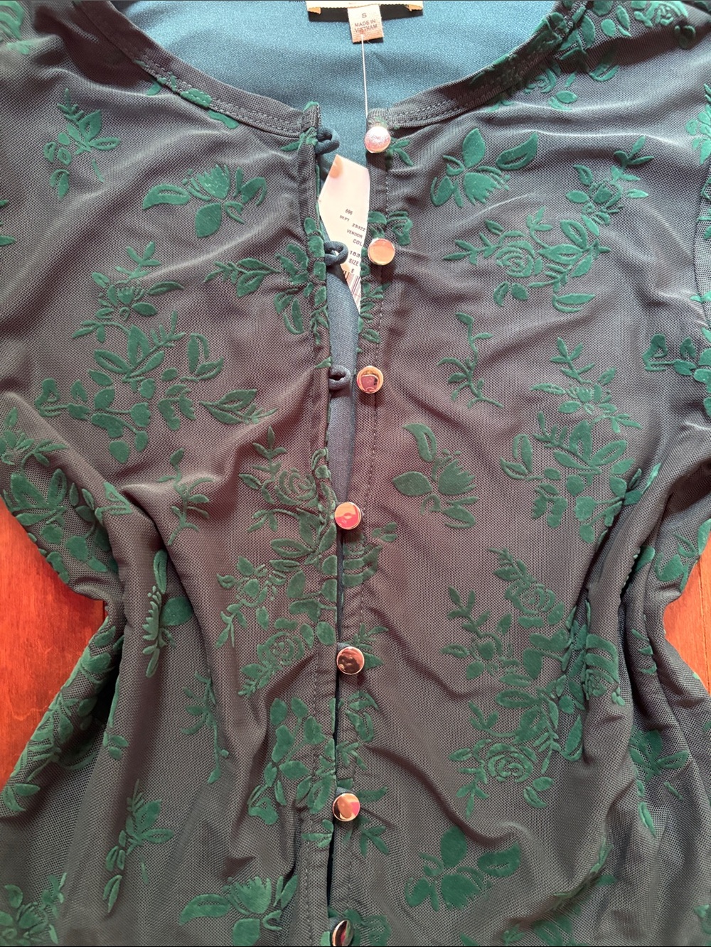 Dark Green Embroidered Button-Front Lace Top NWT Size Small - Picture 3 of 4